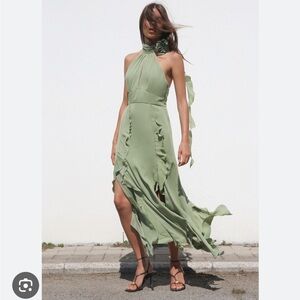 ZARA RUFFLED FLOWER HALTER NECK DRESS